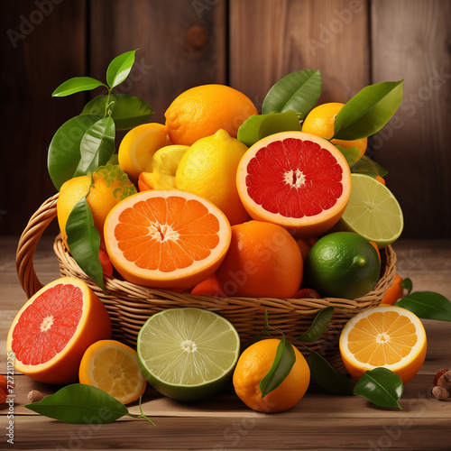 Fresh assortment of citrus fruits including oranges  lemons  and limes neatly arranged in a white basket