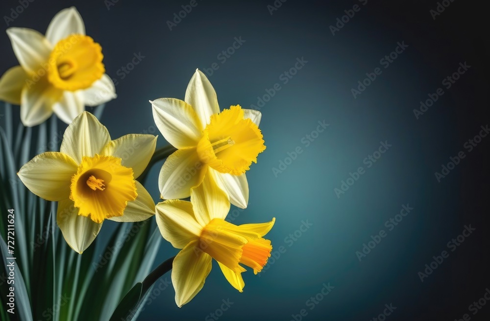 Fototapeta premium Spring flowers,daffodils on blue background,five flowers and green leaves