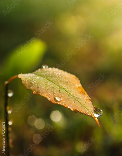 Clear and transparent dewdrops forming on brown leaves.