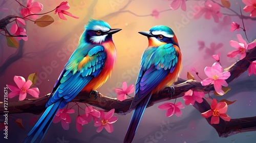 a pair of birds on a branch  in the style of vibrant colors in nature