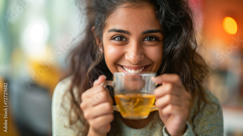 Smiling Indian Woman Enjoying Herbal Tea at Home