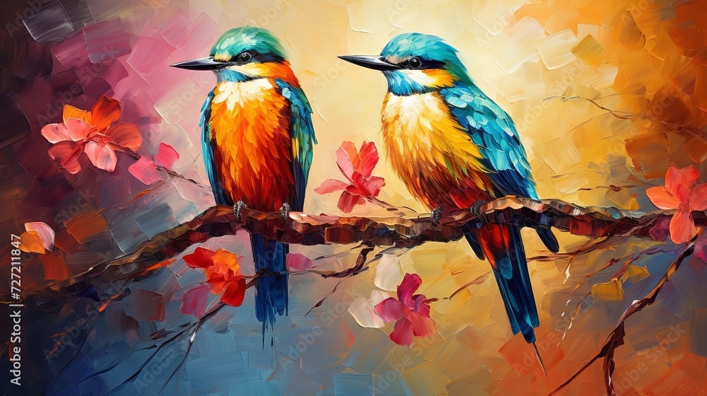 a pair of birds on a branch, in the style of vibrant colors in nature