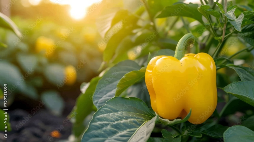 Growing yellow bell pepper harvest and producing vegetables cultivation