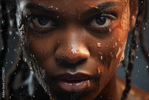 Close-Up Portrait of Female Embracing Rain with Sweat Pouring Down Face