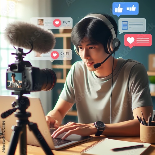  photo digital content creator recording video in living room studio while tweaking knobs on mixer. internet live broadcast talk show host talking at microphone with audience while using audio equipme photo