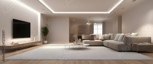modern interior design. 3D rendering of a room with a carpet on the floor. Front view.
