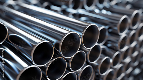  Stack of stainless steel pipes background , metallurgical industry backdrop concept image