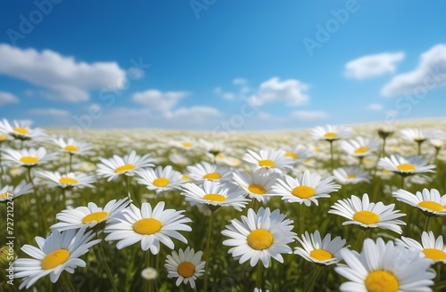 Pastoral landscape  copy space daisy field with blue sky daisies close-up summer flowers