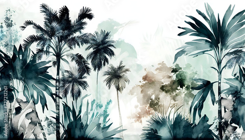 Tropical plants and palm trees  for texture background photo wallpaper. Wallpaper pattern painted in watercolour. Generative AI.