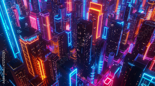 3d render sky view of a futuristic sci-fi metropolis with skyscrapers with neon blue pink yellow light background. cyberpunk futuristic city concept.