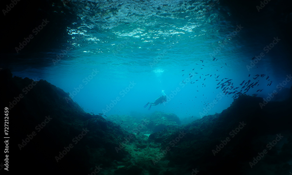 a diver at the entrance to a large cave on the island of Curacao