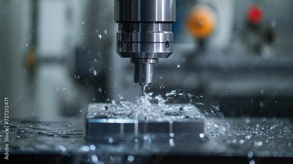 Close view of CNC machine crafting metal component with flowing coolant Close view of CNC machine crafting metal component with flowing coolant