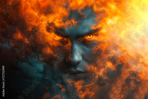 Angry, envy, hate. A look forged from flames and fury emerges from the inferno, encapsulating the emotions of anger, envy, and bitterness.