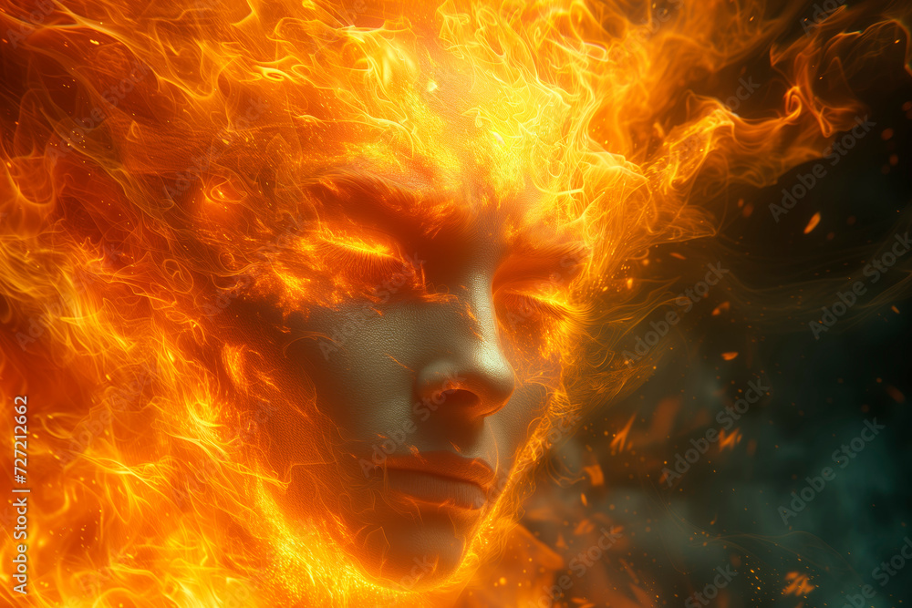 Angry, envy, hate. A visage forged from flames and fury emerges from the inferno, encapsulating the emotions of anger, envy, and bitterness.