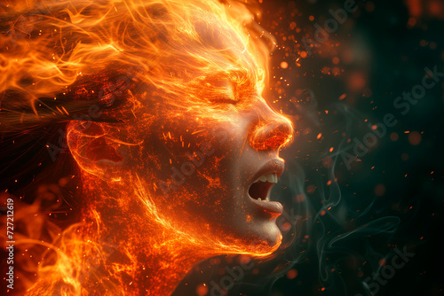 Angry, envy, hate. A visage forged from flames and fury emerges from the inferno, encapsulating the emotions of anger, envy, and bitterness.