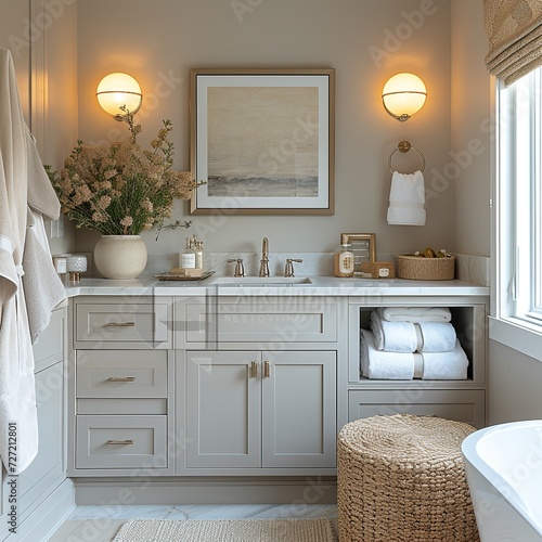 Modern minimalist bathroom interior Southern California-style. Created with Generative AI