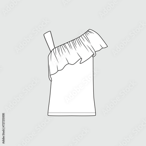 One Shoulder Ruffles top one strap ruffles Sleeveless t shirt top blouse fashion flat Sketch technical drawing template design vector