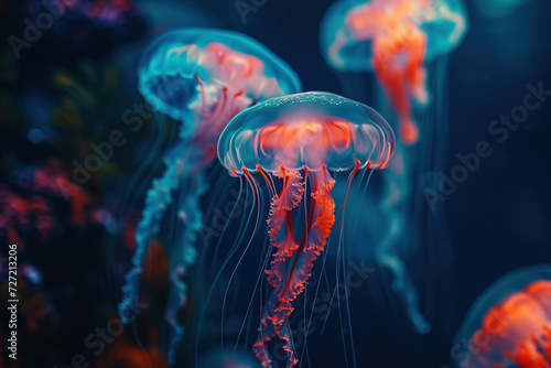 Some jellyfish in a dark water. Generative AI © Oleksandr