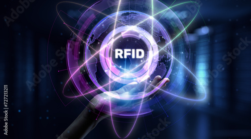 RFID Radio frequency identification. Hands pressing button virtual screen.