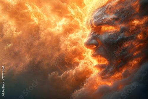Angry, envy, hate. A visage forged from flames and fury emerges from the inferno, encapsulating the emotions of anger, envy, and bitterness.