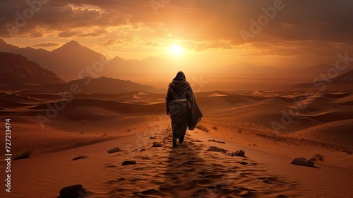 a man walking in the middle of the desert