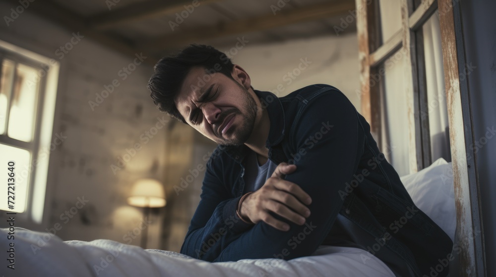 young sad and depressed man suffering depression problem sitting in bed at home bedroom feeling desperate suffering depression problem in mental health and social problem concept young sad and depressed man suffering depression problem sitting in bed at home bedroom feeling desperate suffering depression problem in mental health and social problem concept