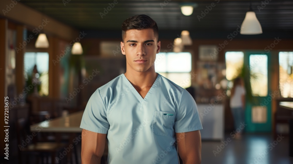Young hispanic man wearing physiotherapist uniform standing at rehab clinic