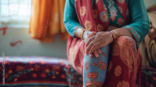 Indian senior woman expresses knee pain at home