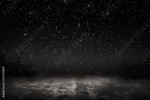 Beautiful bright stars with milky way in winter night. Black and white image , snowing in cold winter real snow falls on black background,Stars, fresh sky with star ,mockup , show product