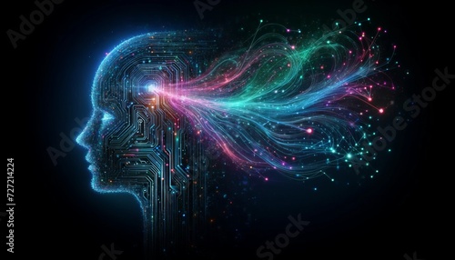 futuristic style human head silhouette with glowing blue circuits and gold dots