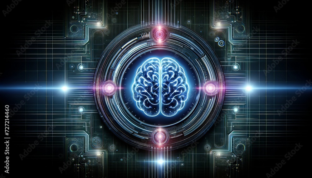 Fototapeta premium futuristic artificial intelligence interface with a prominent, glowing brain symbol at the center