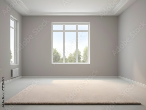 modern interior design. 3D rendering of an empty room with a carpet and a window. Front view.