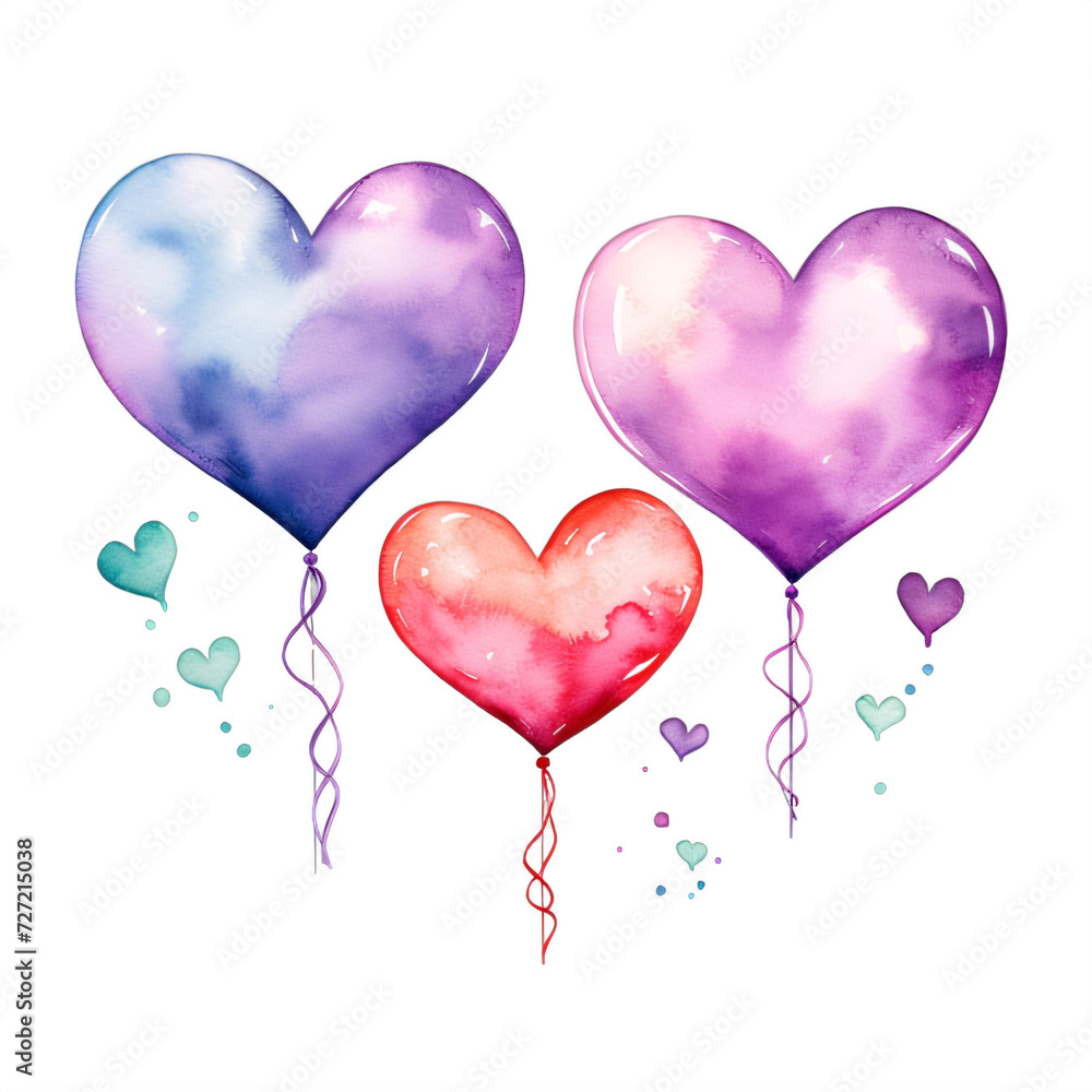 heart shaped balloons watercolor on a transparent background png isolated