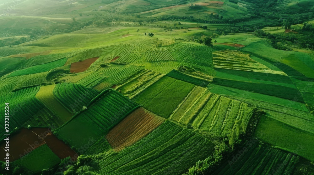Fototapeta premium Aerial View of a Lush Green Field With Rolling Hills, Earth Day
