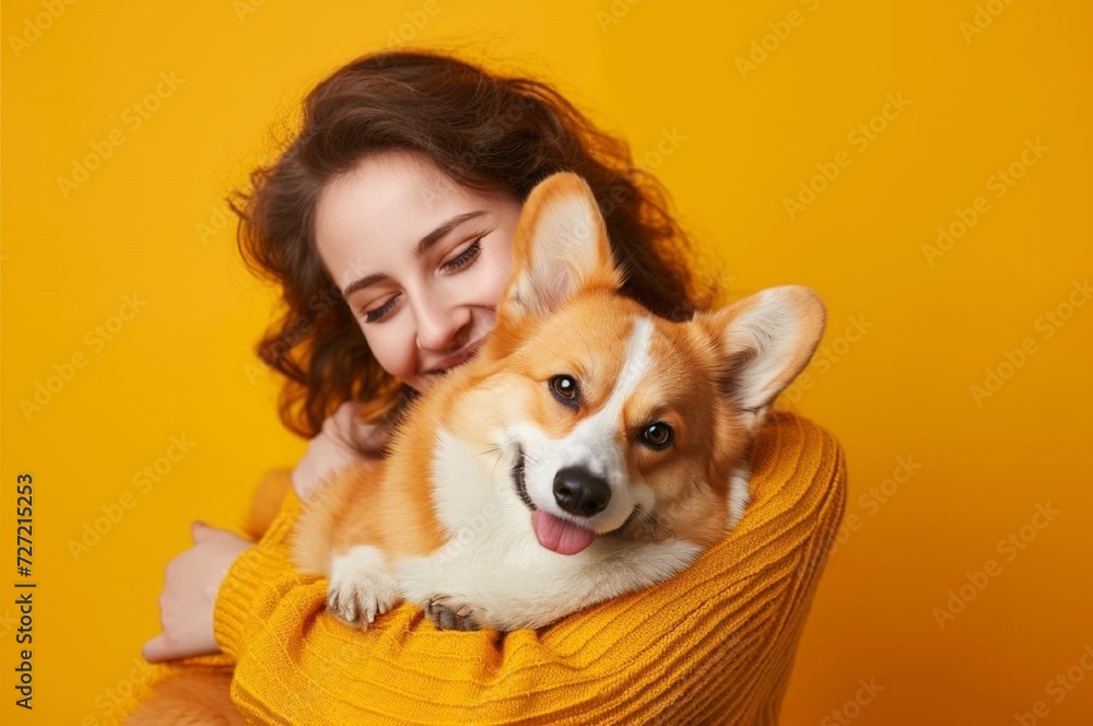 Happy young caucasian woman holding a dog corgi, sitting on yellow studio background and embracing her pet, copy space, banner Happy young caucasian woman holding a dog corgi, sitting on yellow studio background and embracing her pet, copy space, banner