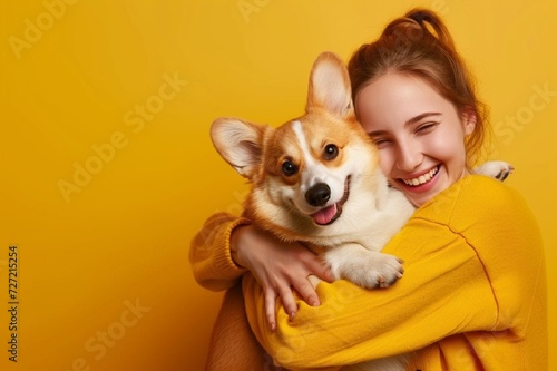 Happy young caucasian woman holding a dog corgi, sitting on yellow studio background and embracing her pet, copy space, banner