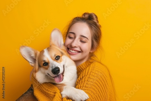 Happy young caucasian woman holding a dog corgi, sitting on yellow studio background and embracing her pet, copy space, banner