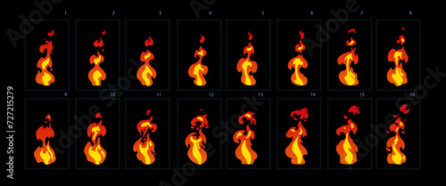 Fire animation. Sprites sheet of fire animation, campfire, fire trap, fire pillar vector flame video frames for game.-vector