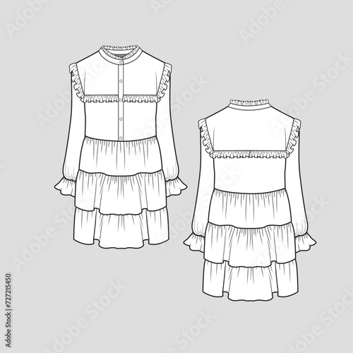 Ruffle Frill Henley Tiered Ruffles Dress  Waist Gathering Ruffles Long Sleeve gathering Frill Hem Fashion Dresses  blouse Fashion flat sketch technical drawing template