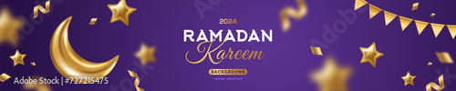 Ramadan Kareem Horizontal Sale Header, Voucher Template. Gold Moon, 3d Stars on Sky Violet Background. Vector illustration. Traditional Decorations, Place for Text. Baby dream good night wallpaper