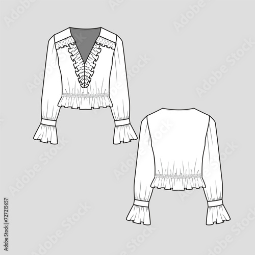 Ruffles frill Gathering fashion crop top V neck Ruffle waist gathering detail long Sleeve gathering Ruffles detail fashion t shirt top blouse flat sketch technical drawing template design vector