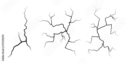 Set of cracks. Collection of different black lightning bolts. Earth crack. Set thunderstorm and lightning. Vector illustration of natural phenomena on white background. Vector illustration