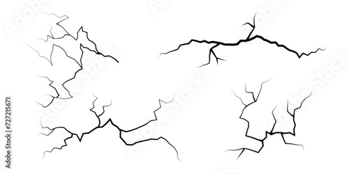 Set of cracks. Collection of different black lightning bolts. Earth crack. Set thunderstorm and lightning. Vector illustration of natural phenomena on white background. Vector illustration