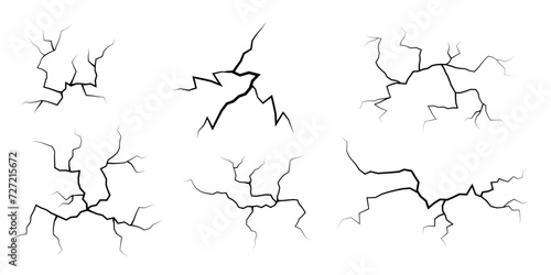 Set of cracks. Collection of different black lightning bolts. Earth crack. Set thunderstorm and lightning. Vector illustration of natural phenomena on white background. Vector illustration