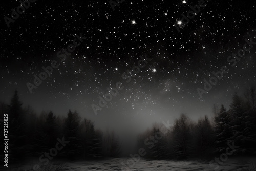 forest in the night, Beautiful bright stars with milky way in winter night. Black and white image , snowing in cold winter real snow falls on black background,Stars, fresh sky with star ,sad