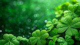 Green St. Patrick day seamless background with clover four-leaf blured leaves. Fresh clover leaves on green background. Copy space. St. Patrick's Day celebration background space for text
