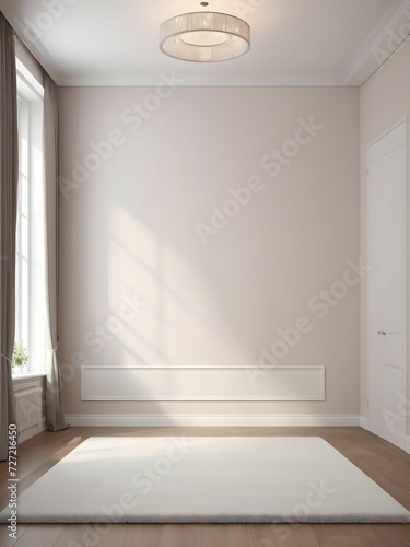 modern interior design. 3D rendering of an empty room with a carpet and a window. Front view.