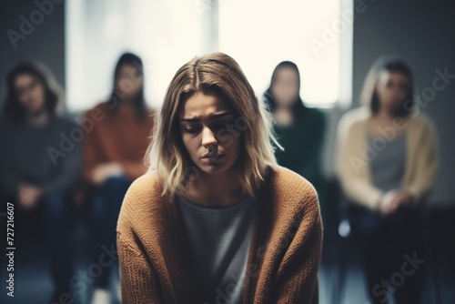 Sad depressed Woman at support group meeting for mental health and addiction issues in anonymous community space with many people around. photo