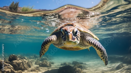 Green sea turtle swimming underwater in the ocean.