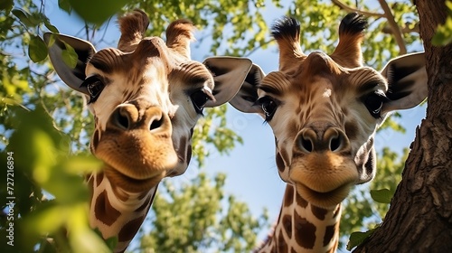 Two giraffes are looking at the camera in the forest. © TAMA KUN